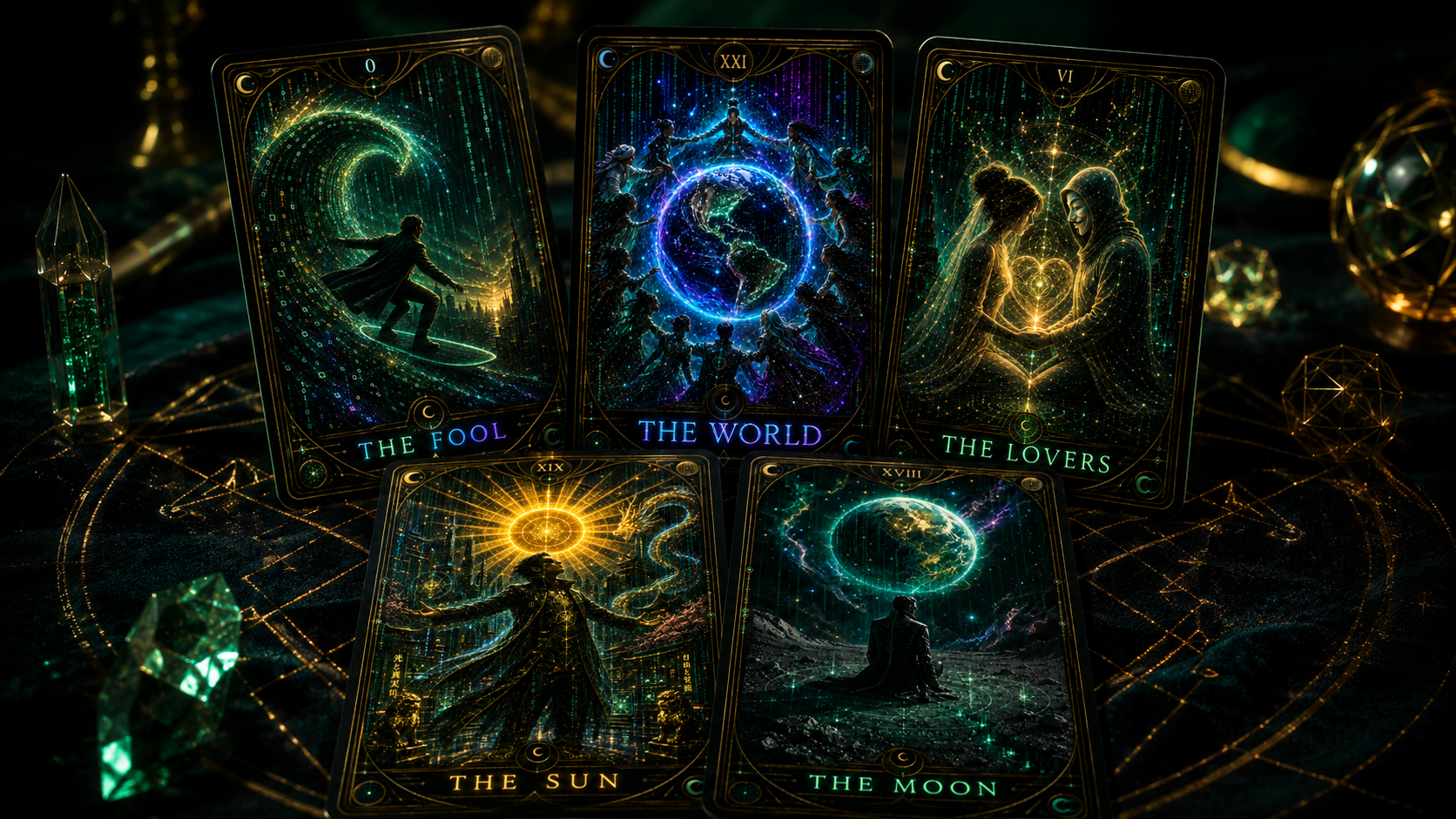 Five ENVY Tarot cards displayed on a dark table with emerald and gold cosmic lighting.